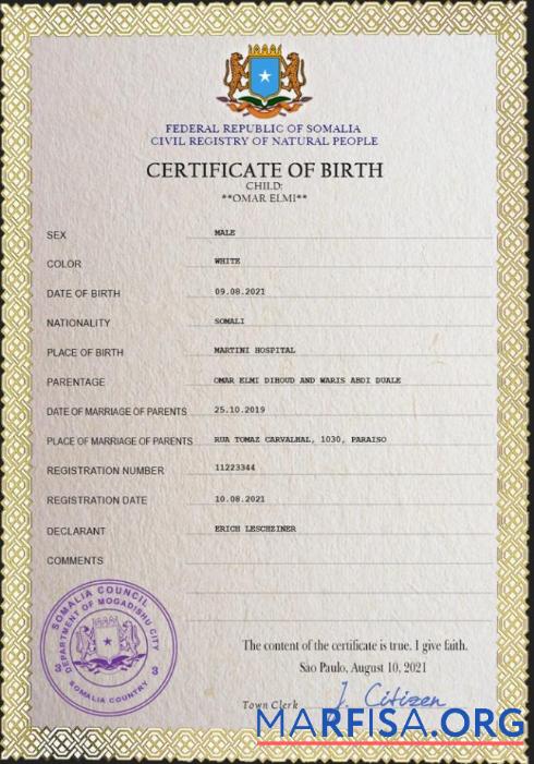 Downloadable Somalia vital record birth certificate PSD template